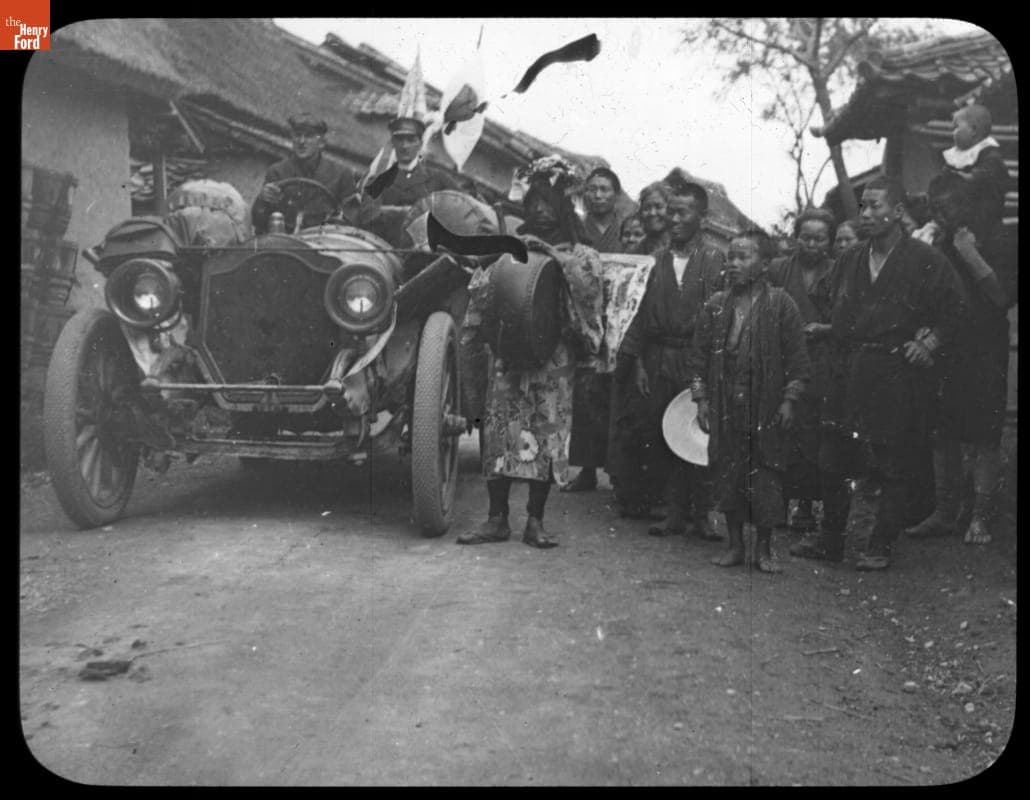 The Thomas Flyer and a Village Priest, First Day Out of Kobe, Japan, New York to Paris Race, 1908