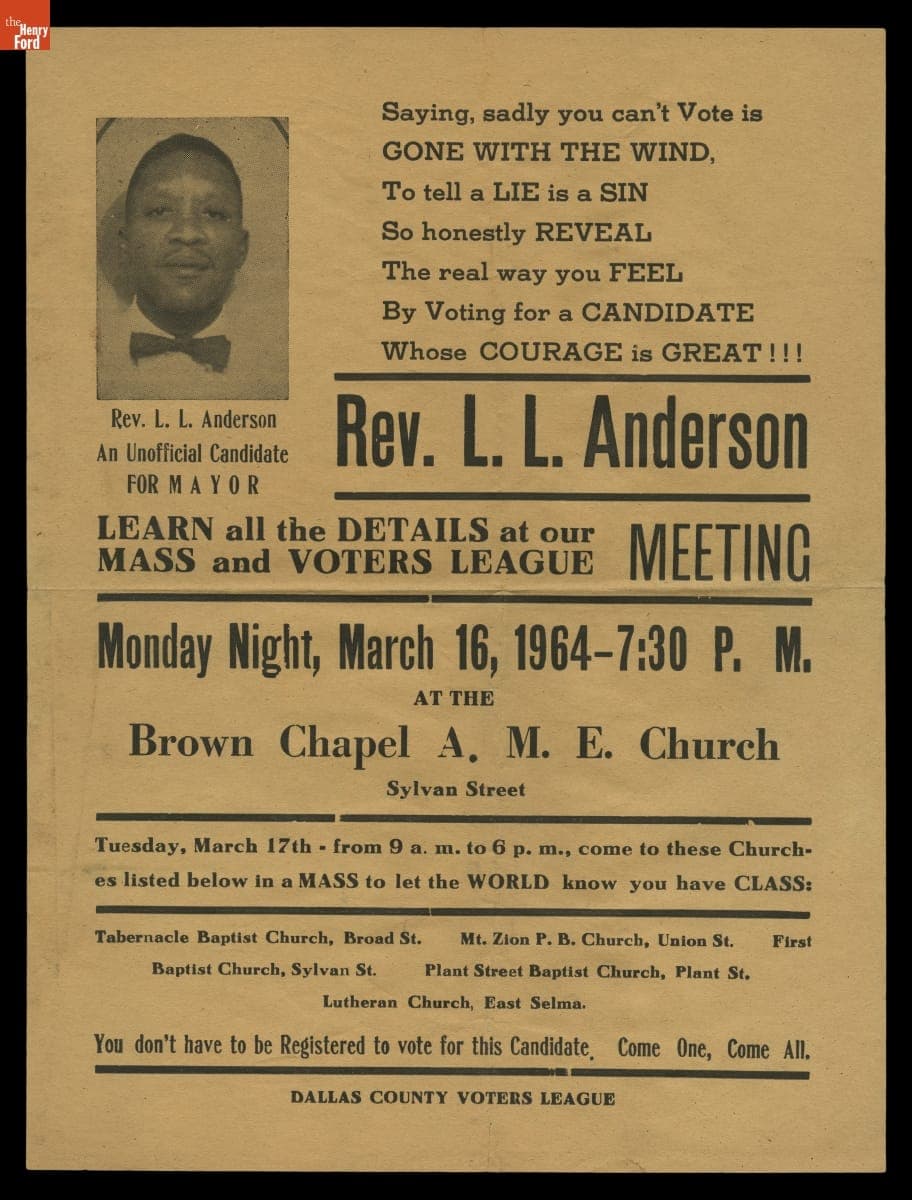 Notice of Mass and Voter's League Meeting at the Brown Chapel A.M.E. Church, Selma, Alabama, March 16, 1964