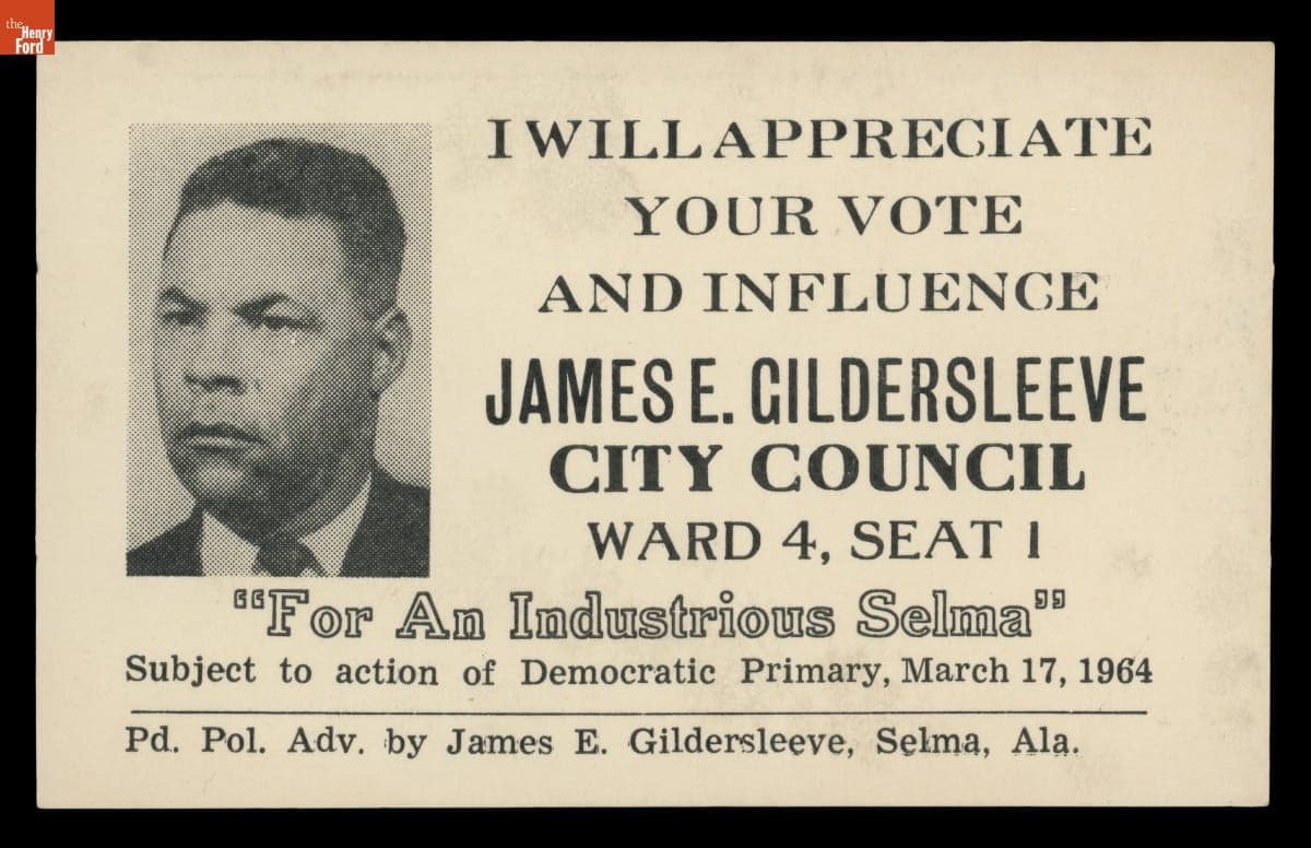 Campaign Card, James E. Gildersleeve for City Council In the Democratic Primary, Selma, Alabama, March 17, 1964