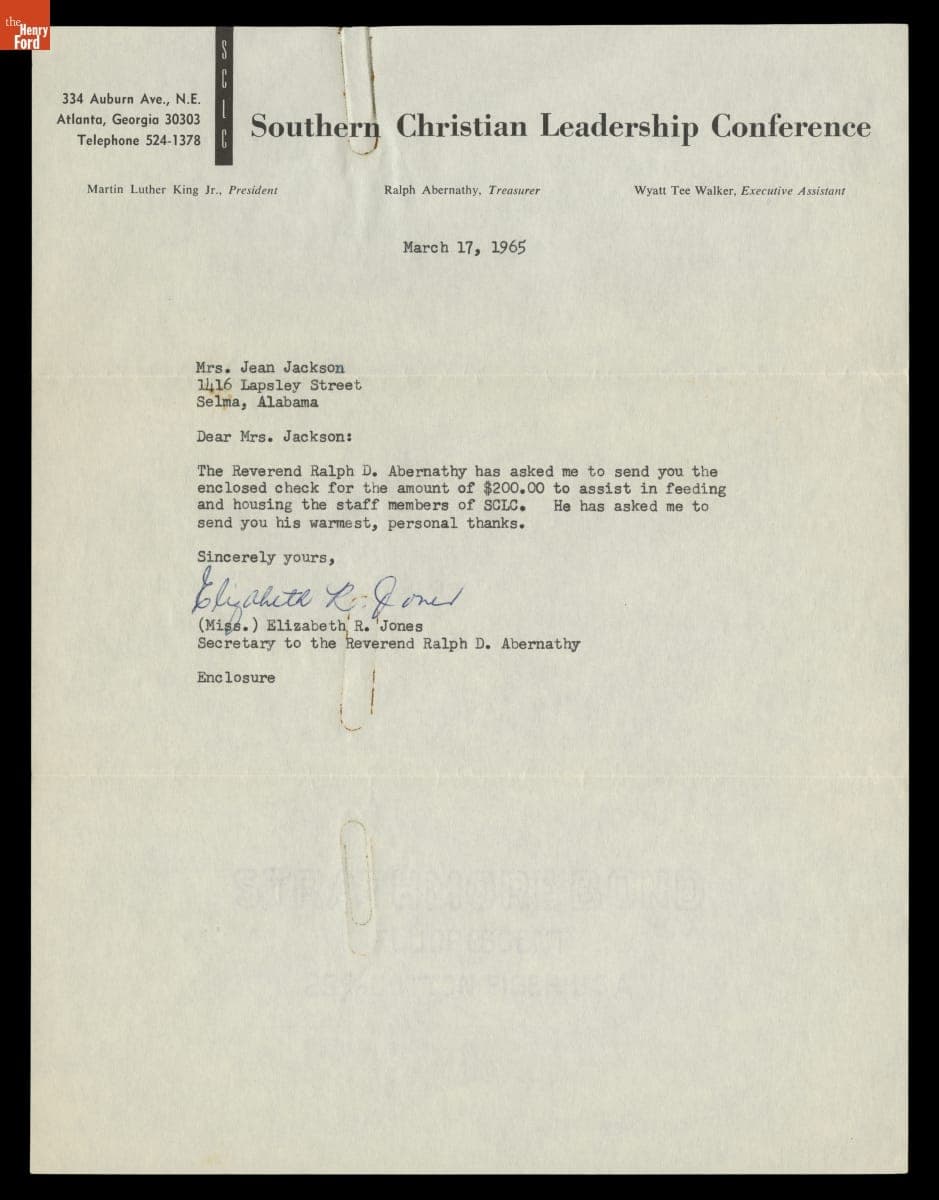 Letter from Southern Christian Leadership Conference to Richie Jean Jackson with Thanks for Her Hospitality, March 17, 1965
