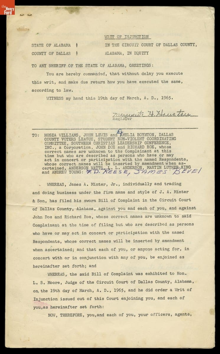 Injunction Filed by James A. Minter, Jr. of Selma, Alabama against Voting Rights Protesters on His Land, March 19, 1965