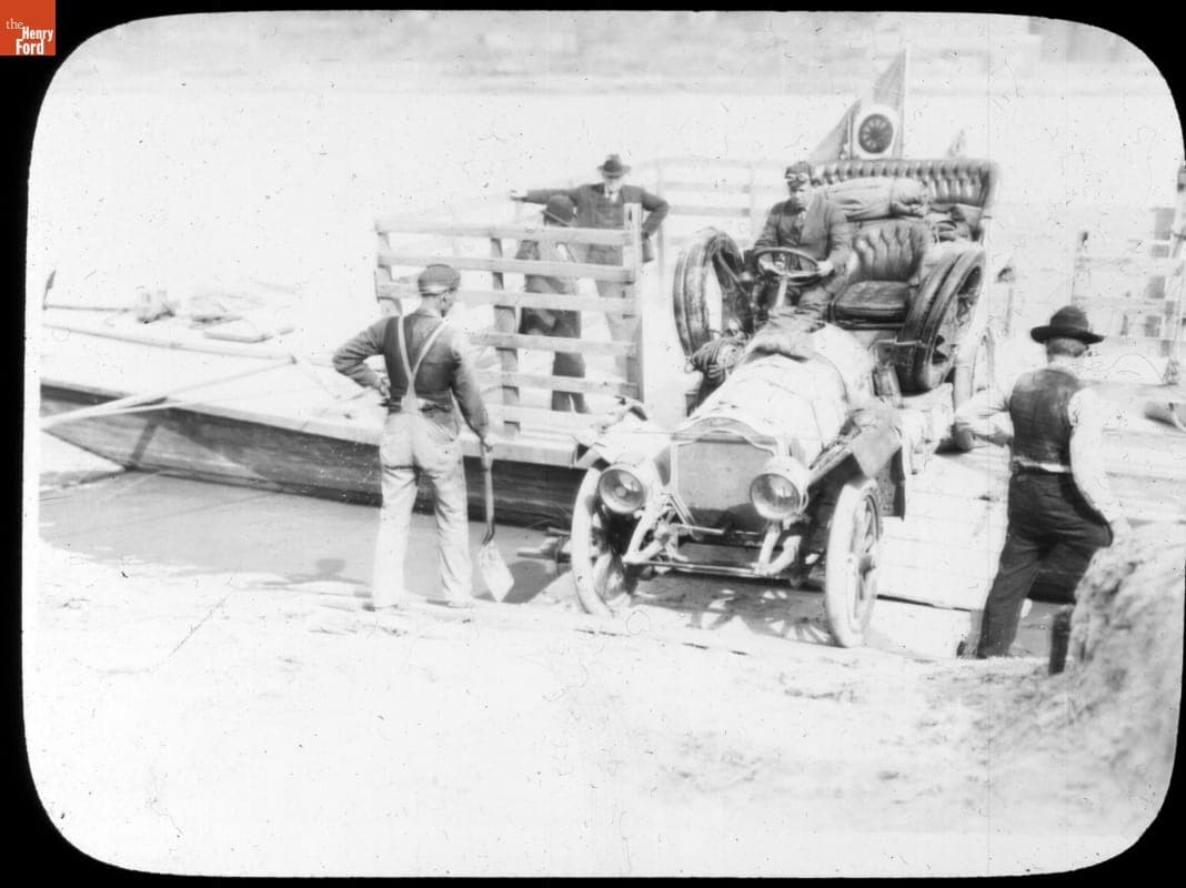 George Miller Driving Thomas Flyer off a Ferry, Pathfinder Tour before the New York to Seattle Race, 1909