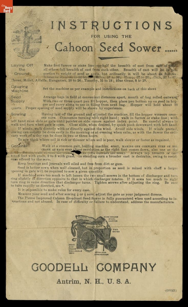"Instructions for Using the Cahoon Seed Sower," Goodell Co., Antrim, New Hampshire, 1870-1890