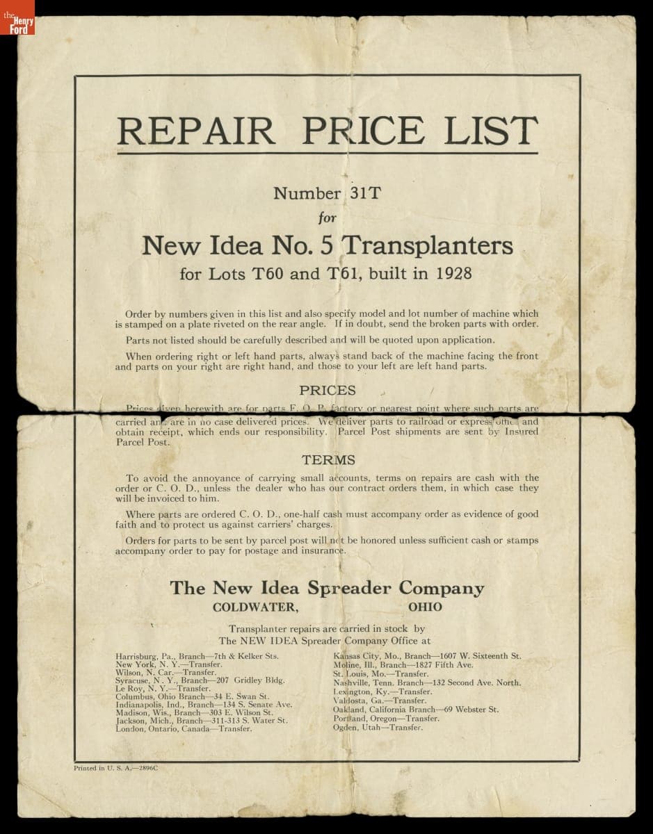 "Repair Parts List Number 31T for New Idea No. 5 Transplanters for Lots T60 and T61, Built in 1928"