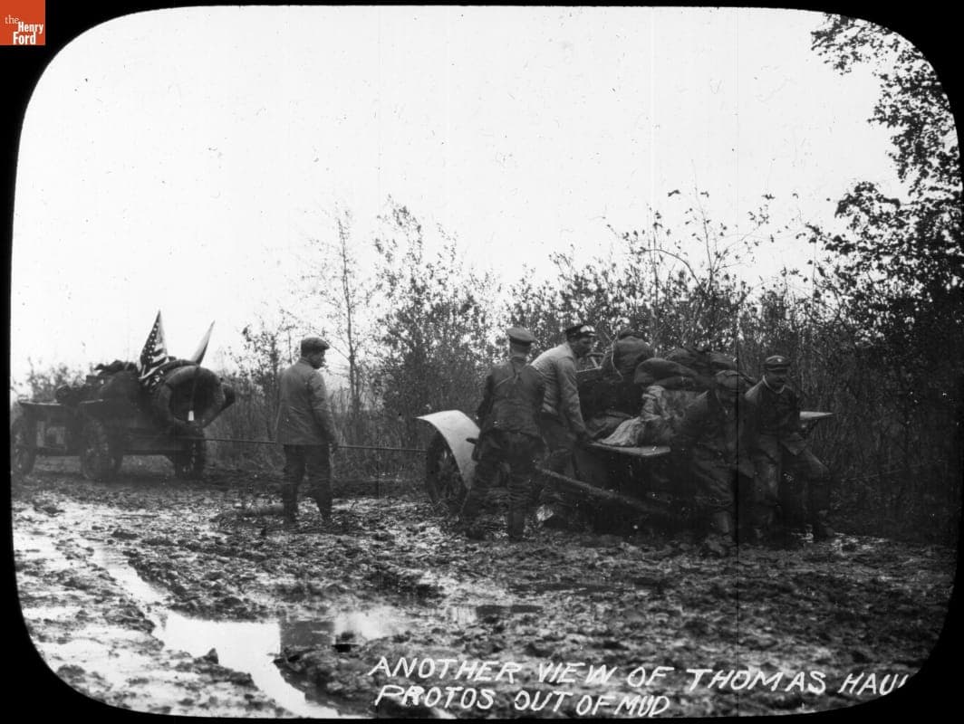 Thomas Flyer Team Hauling the German Protos Car Out of the Mud in Russia, New York to Paris Race, 1908