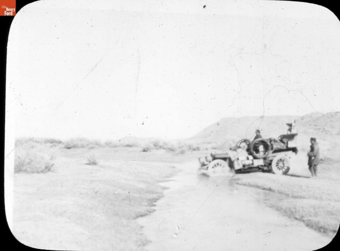 Thomas Flyer Crossing Stream, Pathfinder Tour before the New York to Seattle Race, 1909