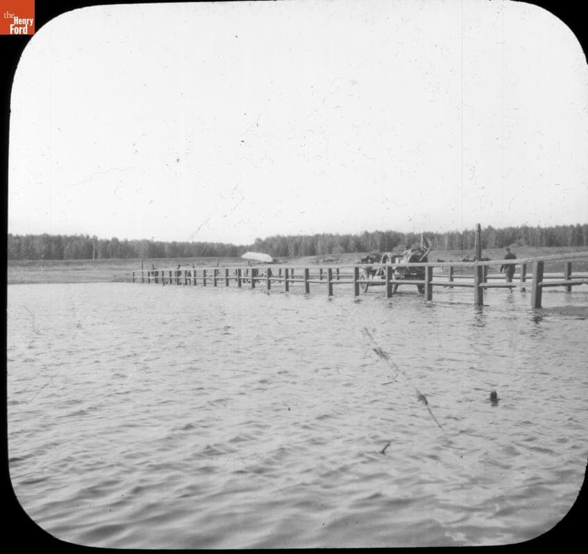 Thomas Flyer Crossing Flooded Bridge, Tomsk, Russia, New York to Paris Race, 1908