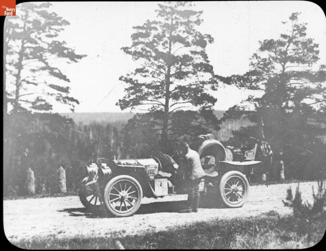 George Schuster and Thomas Flyer, outside Tomsk, Russia, New York to Paris Race, 1908