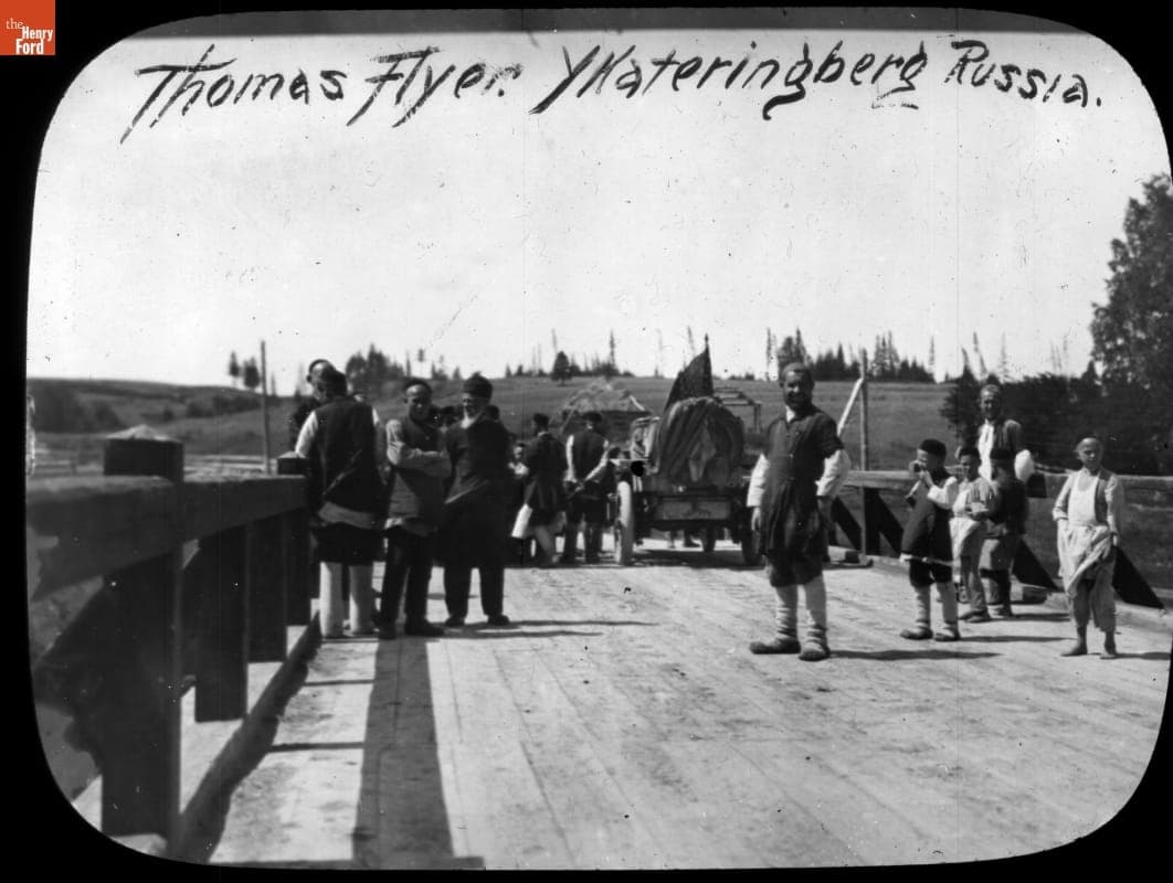 Thomas Flyer on Bridge in Yekaterinburg, Russia, New York to Paris Race, 1908