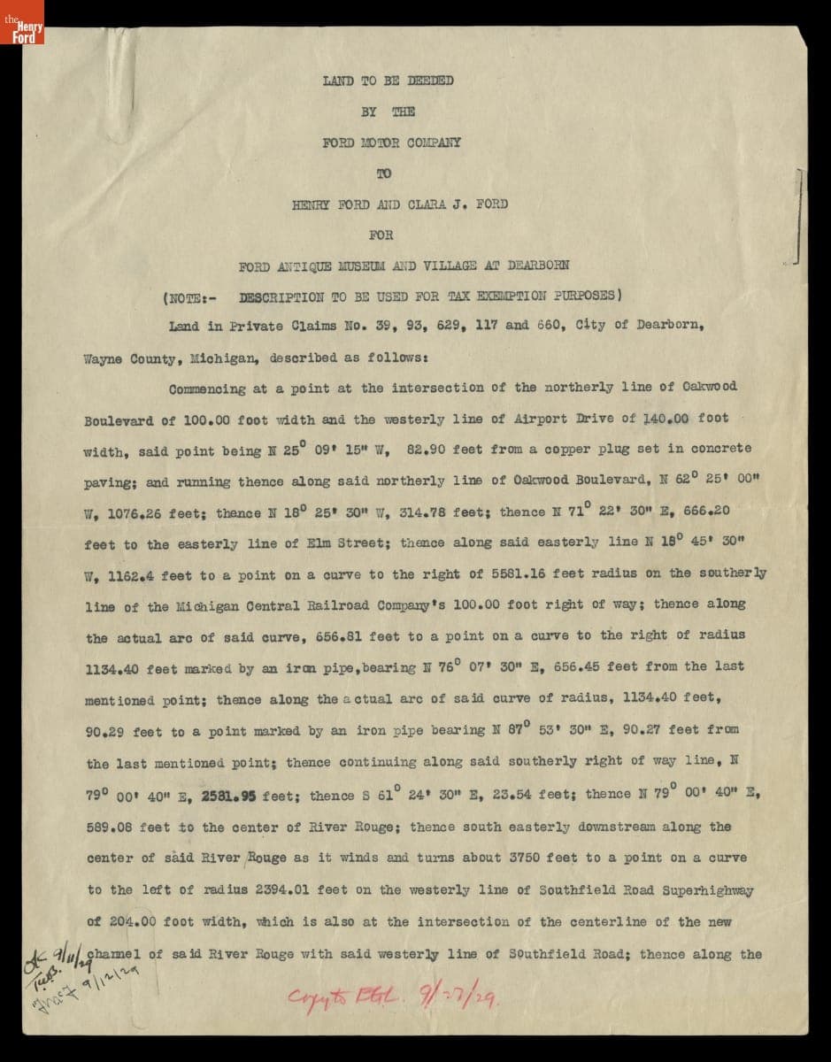 Description of Land to be Deeded by Ford Motor Company for Henry Ford Museum and Greenfield Village,  September 1929