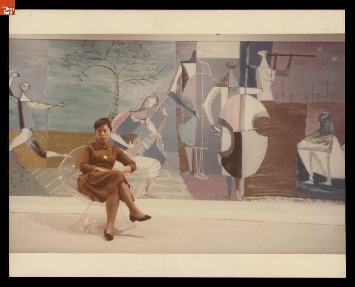 Estelle Laverne with a Mural She Painted for Sheraton Hotels