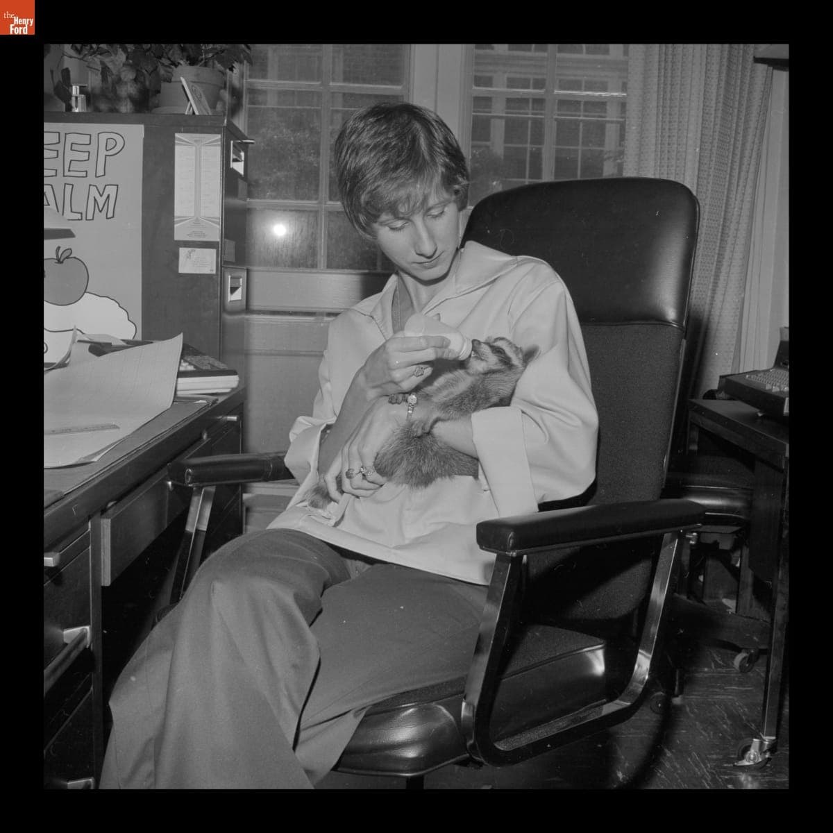 Employee Cyndi Scott Feeding a Racoon in Greenfield Village, 1977