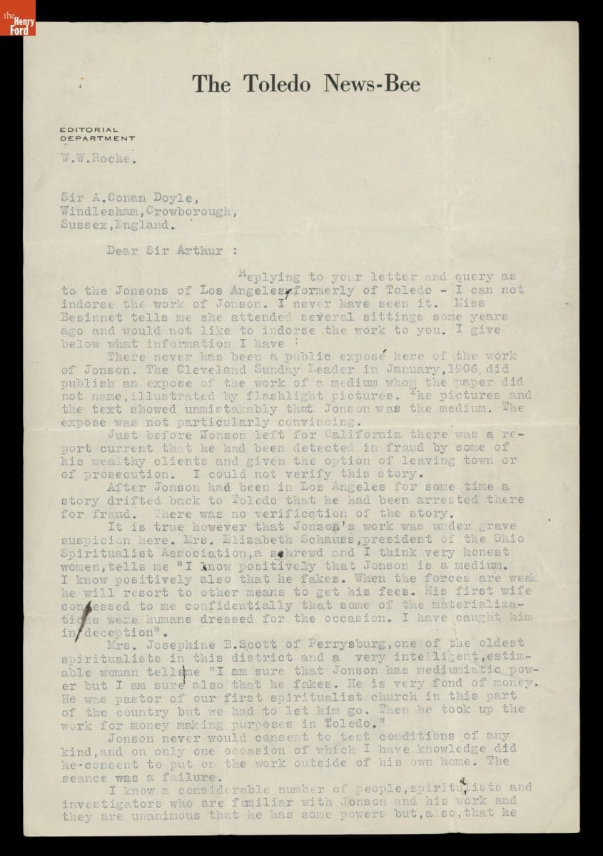Letter from W.W. Roche of the Toledo News-Bee to Sir Arthur Conan Doyle, circa 1923