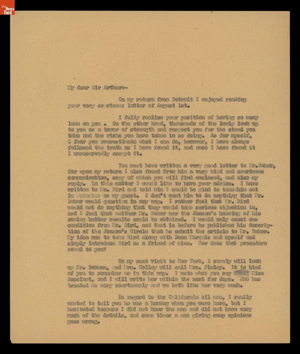Letter from George M. Holley to Arthur Conan Doyle, August 17, 1923