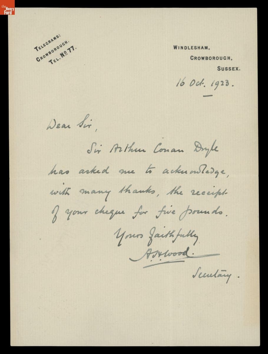 Handwritten Telegram from Arthur Conan Doyle's Secretary regarding the Receipt of Five Pounds, October 16, 1923