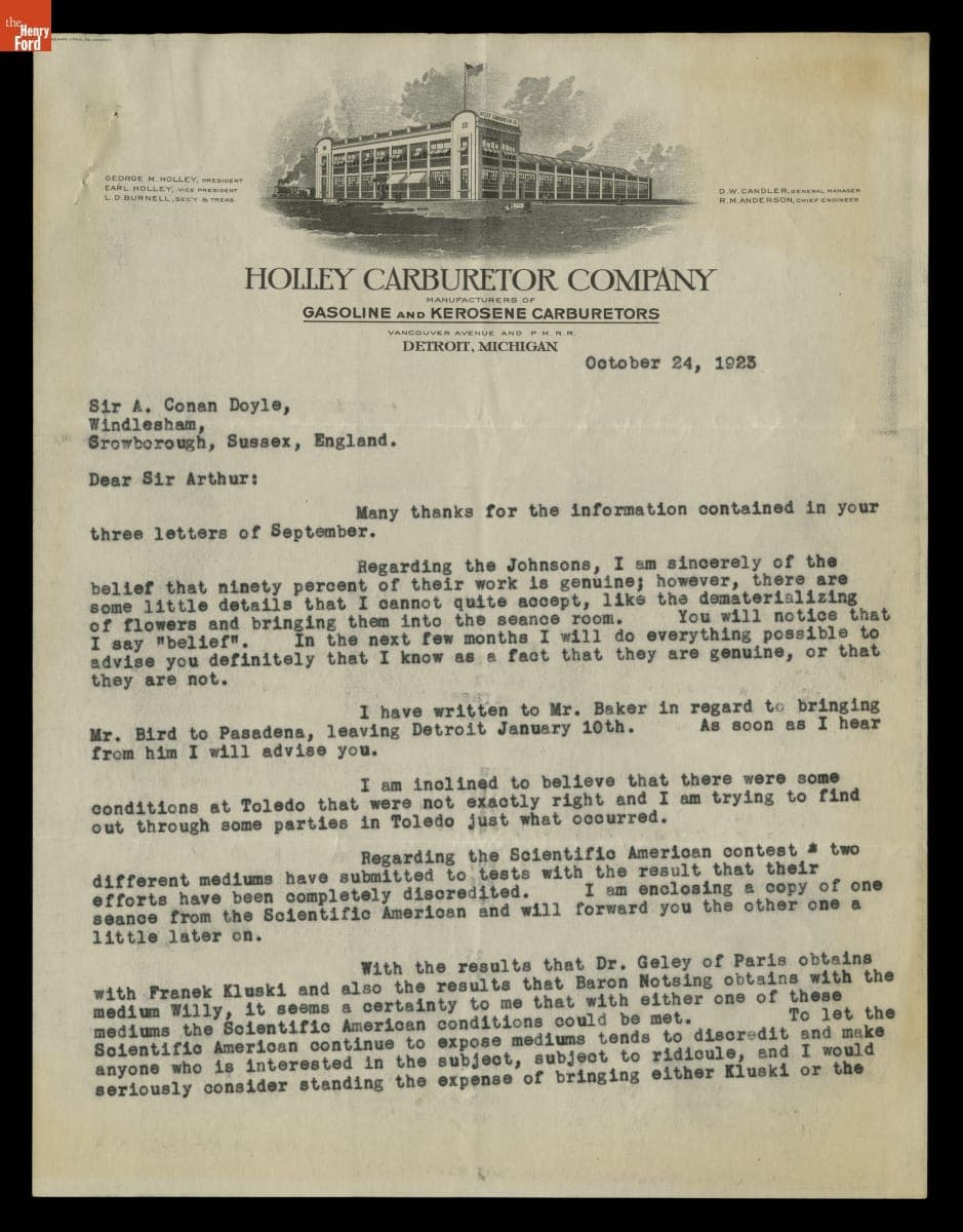 Letter from George M. Holley to Arthur Conan Doyle, October 24, 1923