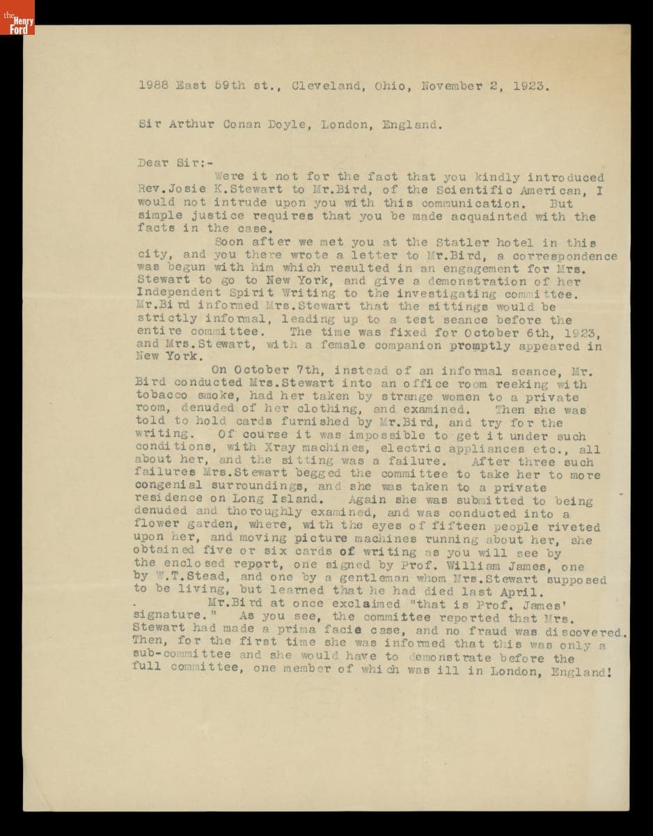Letter to Arthur Conan Doyle, November 2, 1923