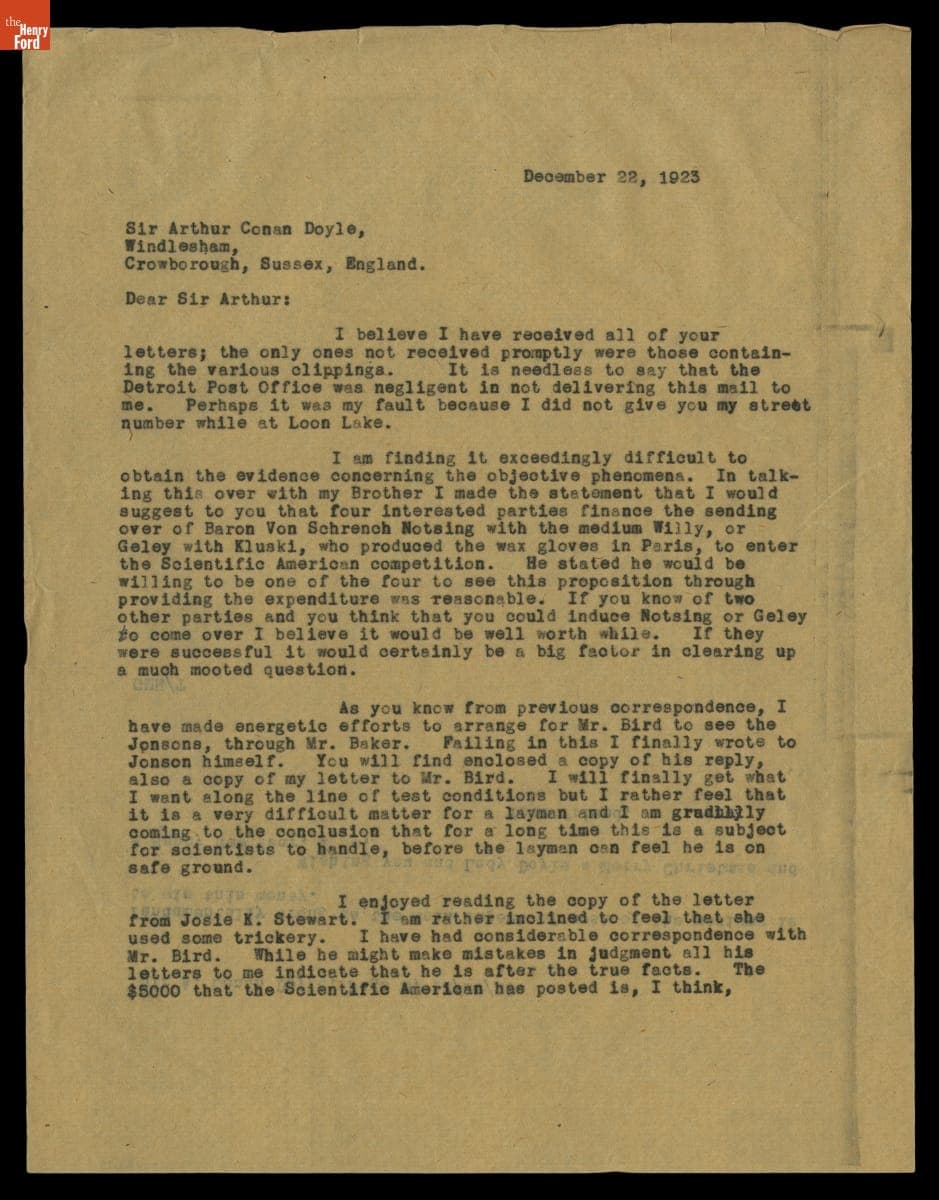Letter from George M. Holley to Arthur Conan Doyle, December 22, 1923