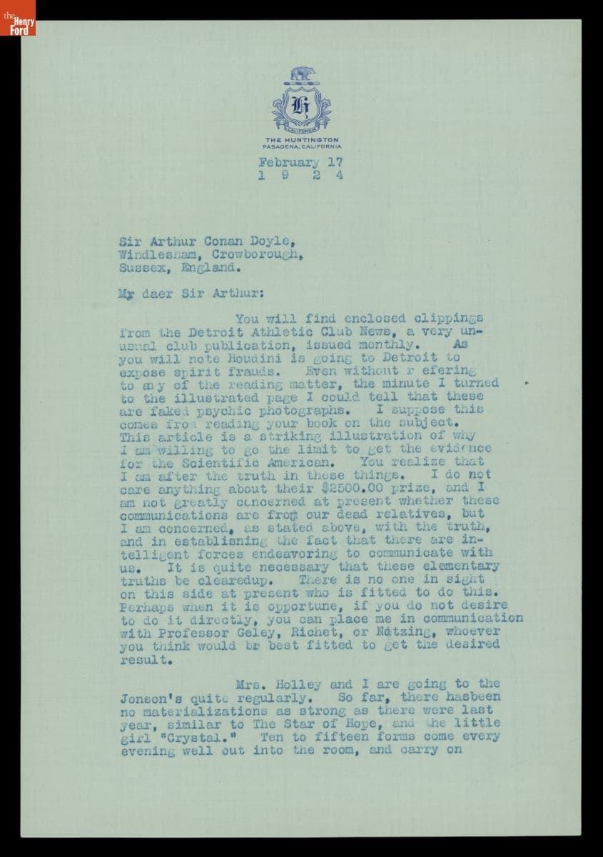 Letter from George M. Holley to Arthur Conan Doyle, February 17, 1924