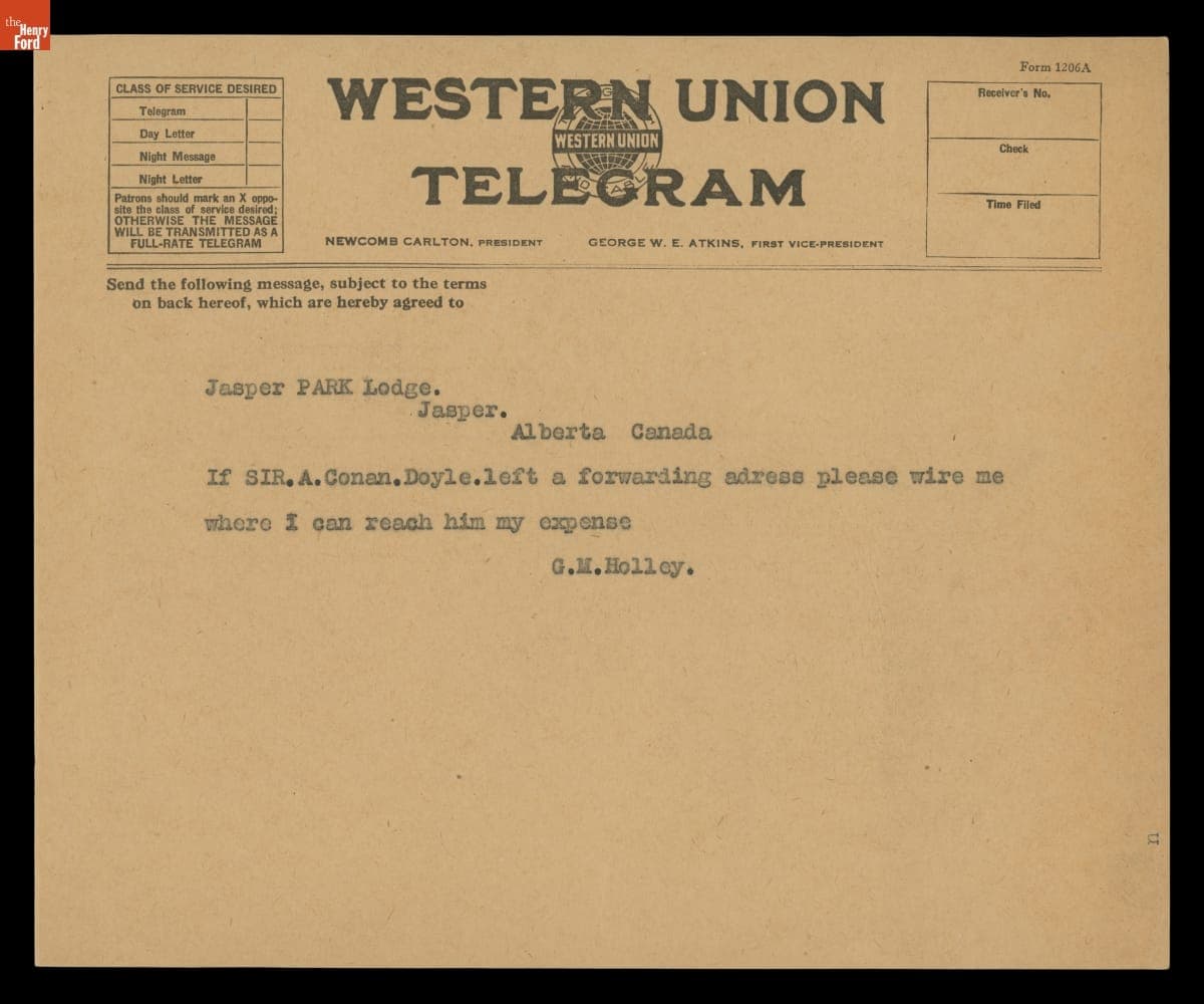Telegram from George M. Holley to Jasper Park Lodge during Arthur Conan Doyle's 1923 Canada Tour