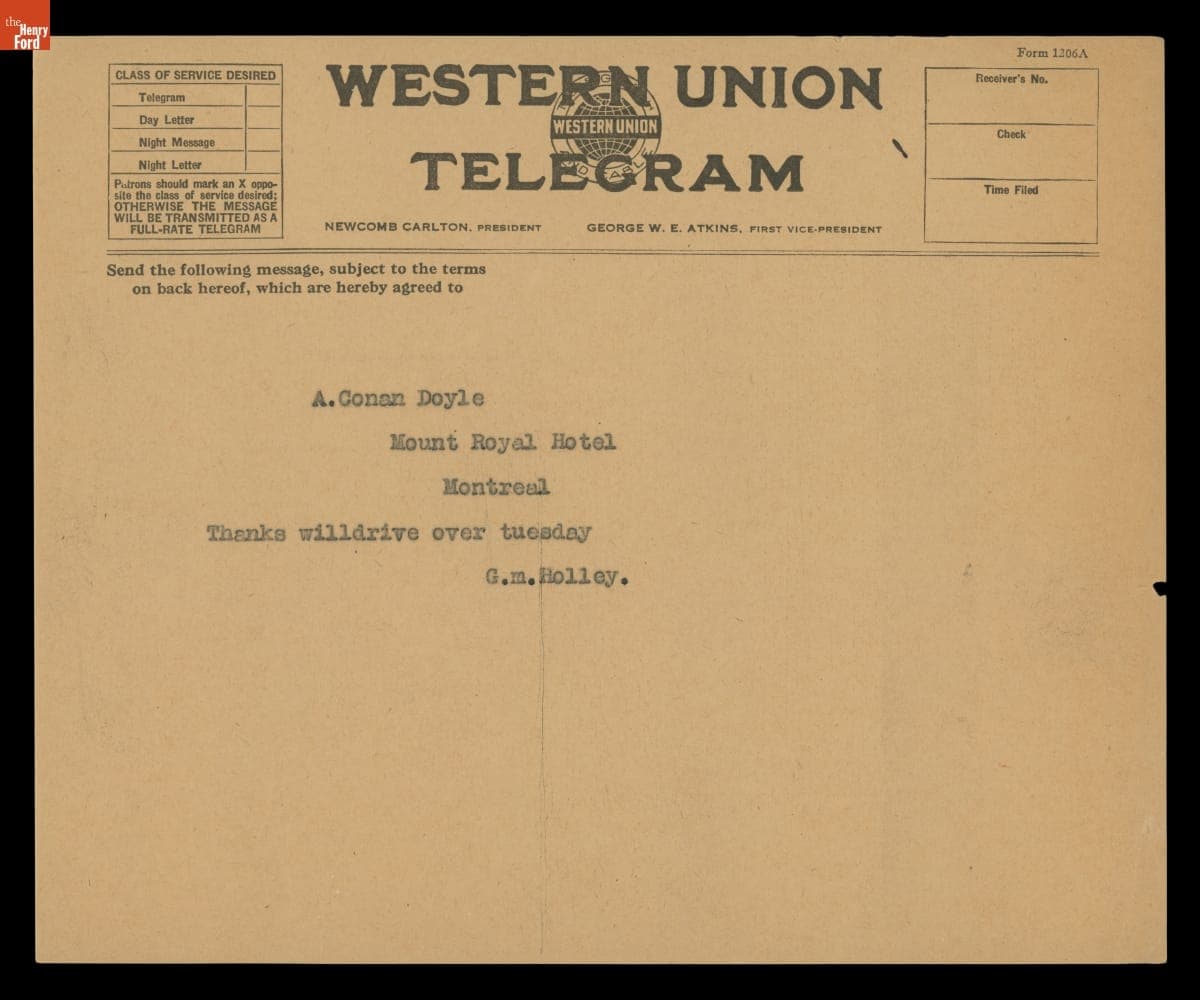 Telegram from George M. Holley to Arthur Conan Doyle during Doyle's 1923 Canada Tour