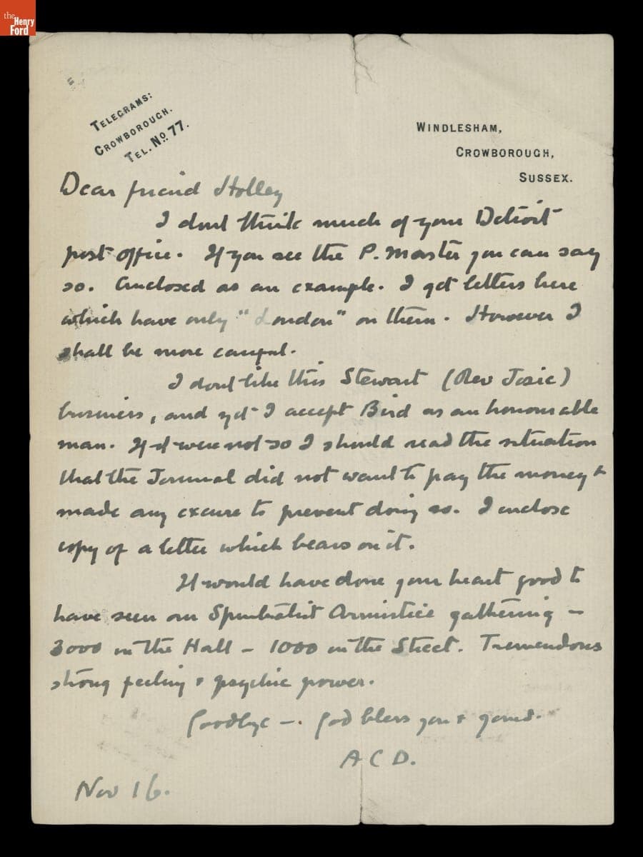 Letter from Arthur Conan Doyle to George M. Holley, November 16, 1923