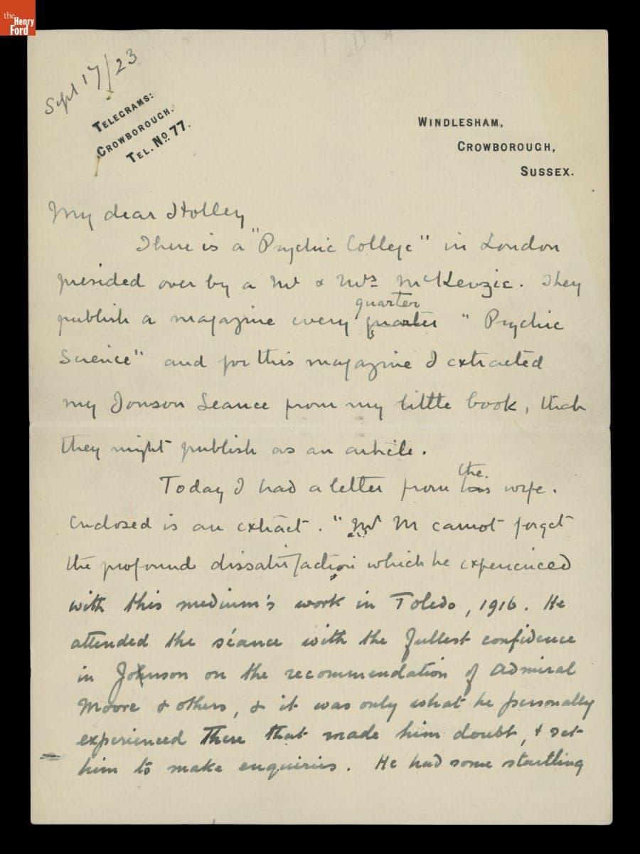 Letter from Arthur Conan Doyle to George M. Holley, September 17, 1923