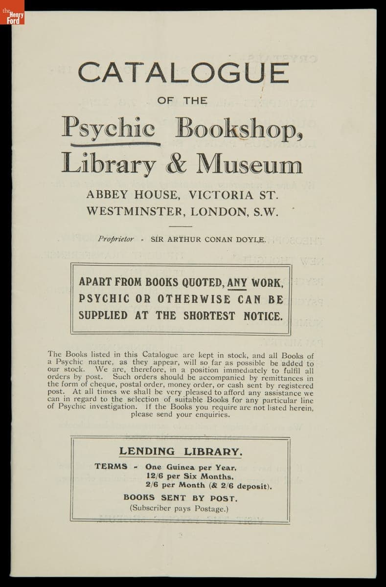 "Catalogue of the Psychic Bookshop, Library, and Museum," 1925-1930