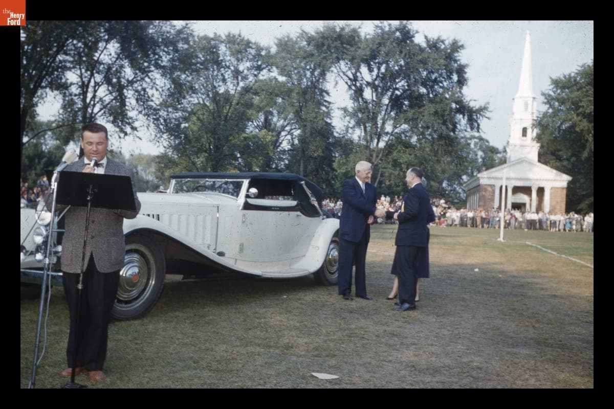 Presentation of 1931 Bugatti Type 41 Royale Convertible at Old Car Festival in Greenfield Village, September 1959