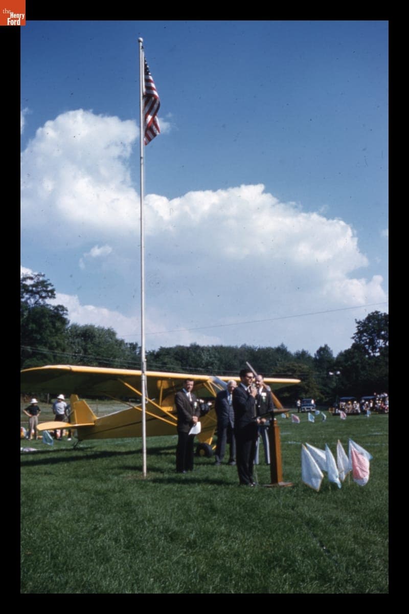 Presentation of 1946 Piper Cub J-3 Airplane at Old Car Festival in Greenfield Village, September 1961