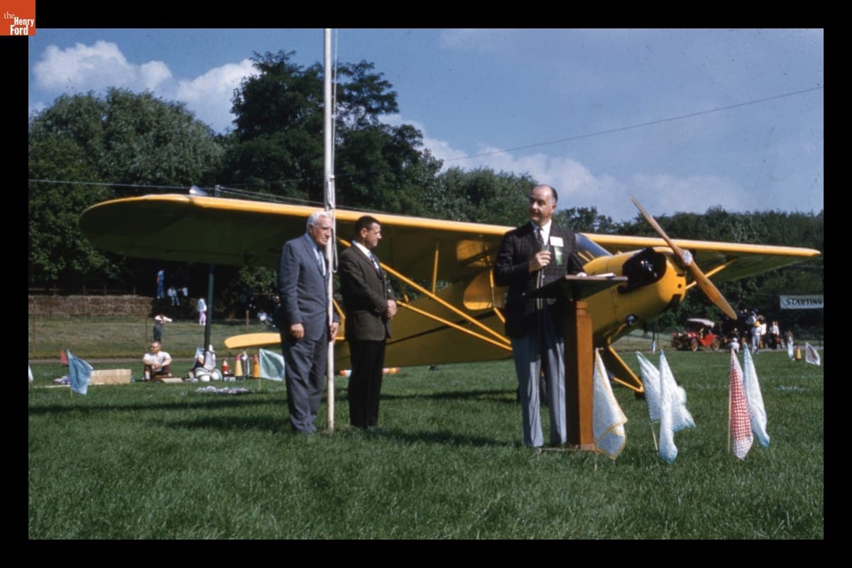 Presentation of 1946 Piper Cub J-3 Airplane at Old Car Festival in Greenfield Village, September 1961
