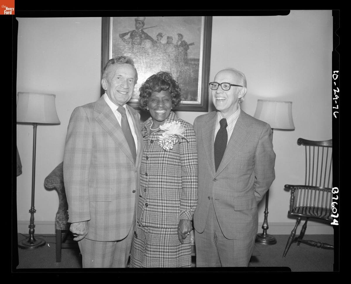 Frank Caddy and Gus Munchow Bid Farewell to Pauline Taylor at her Retirement Luncheon, October 29, 1976