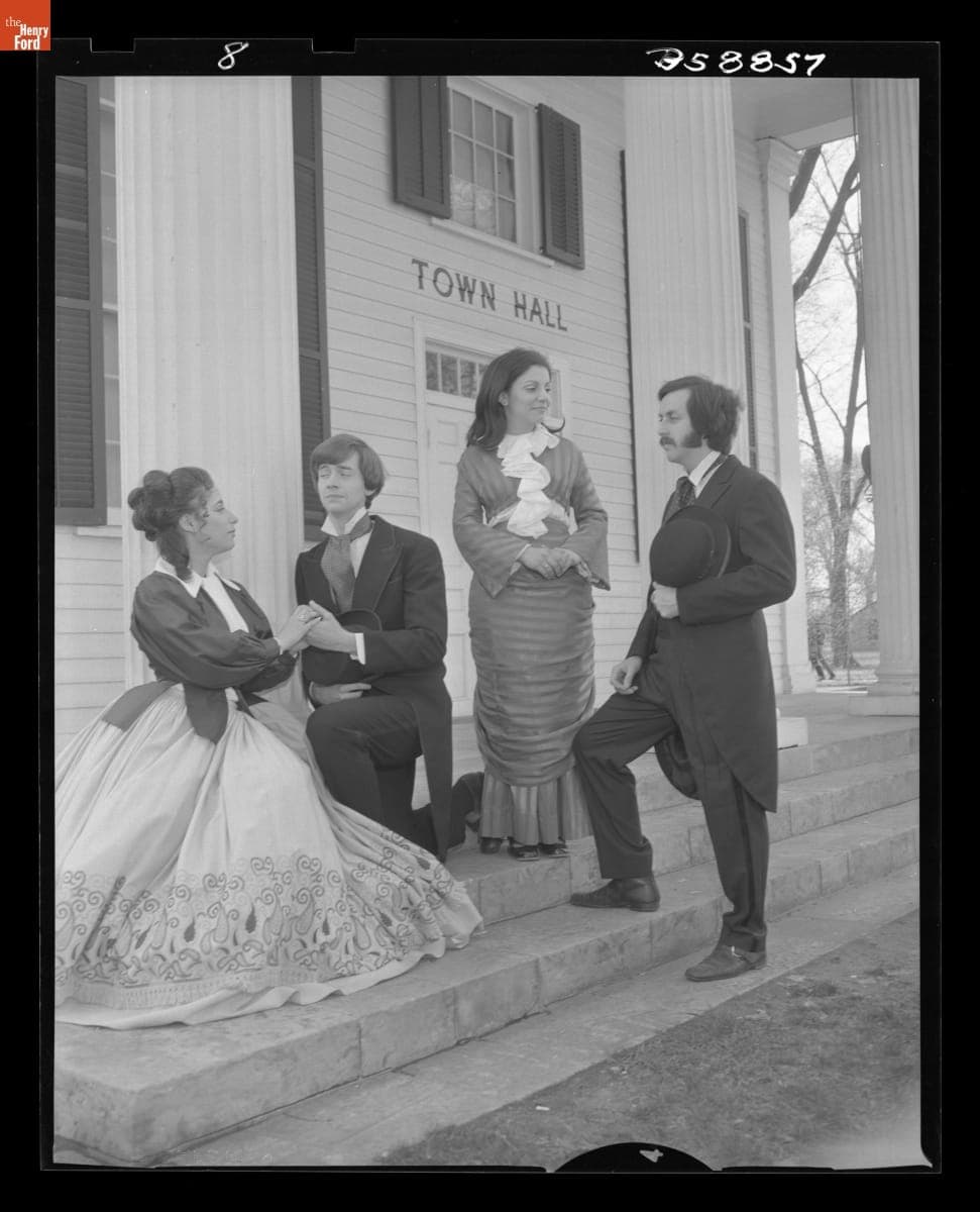 Performers from the Greenfield Village Summer Theater Shows outside Town Hall, May 1971