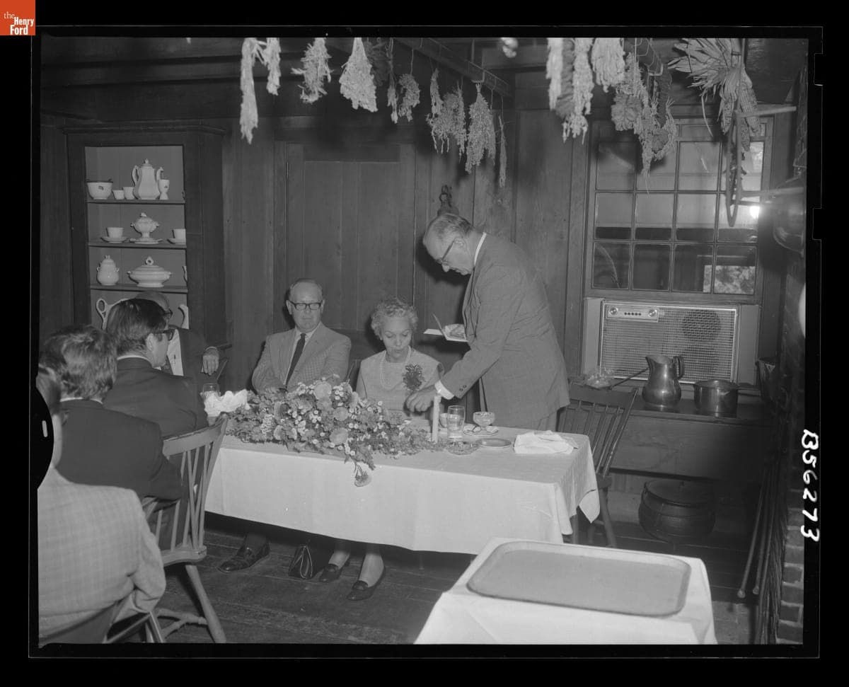 Donald Shelley Presenting a Gift to Yvonne Prieur at Her Retirment Luncheon, August 31, 1970