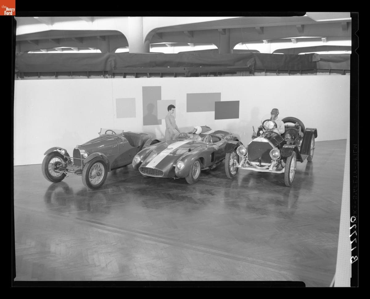 Lloyd Van Meter, Carole Molnar, and Kenneth Schwartz in a Publicity Shot for Sports Cars in Review, 1958