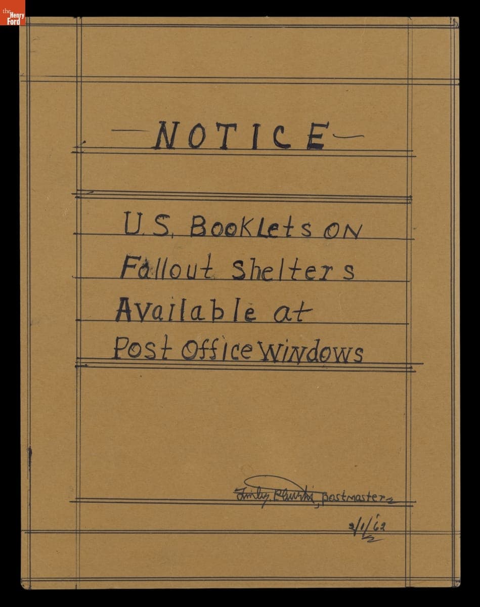 Poster, "Notice: U.S. Booklets on Fallout Shelters Available at Post Office Windows," 1962