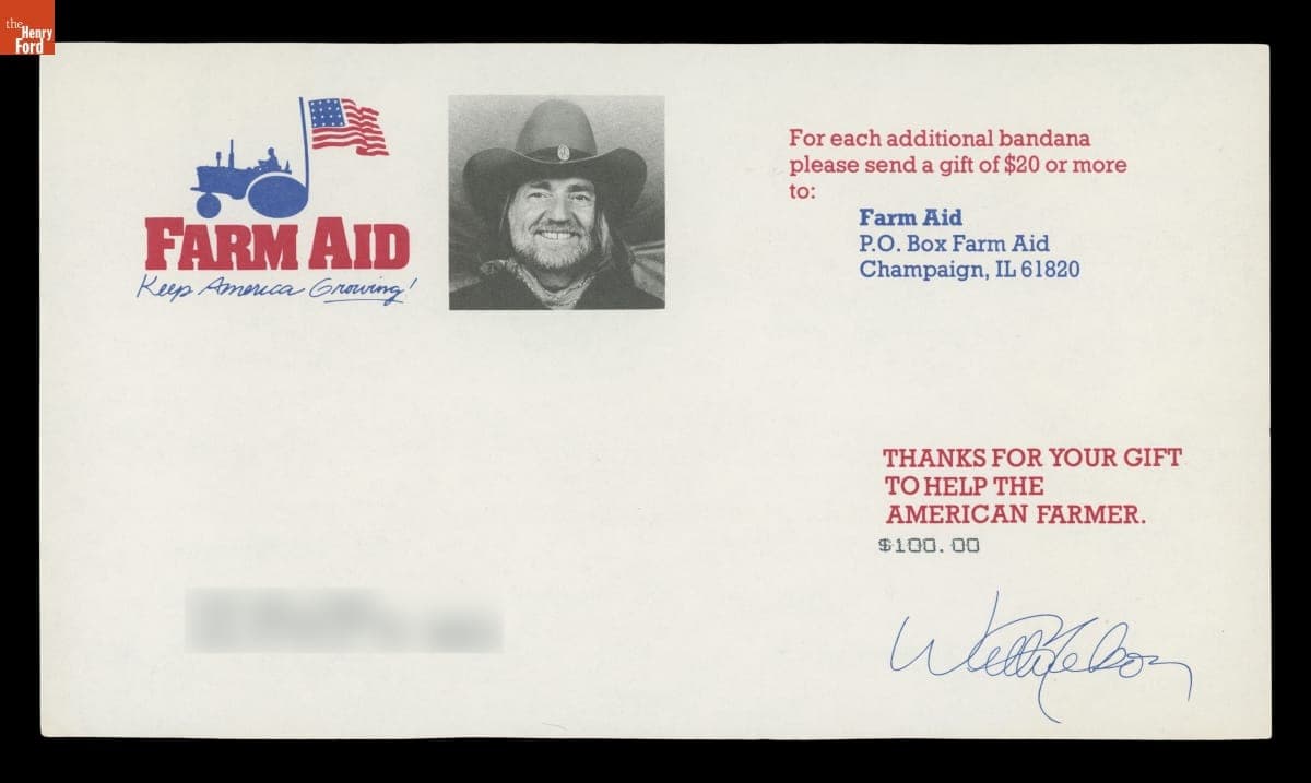 Farm Aid Documentation of $100 Donation, 1985