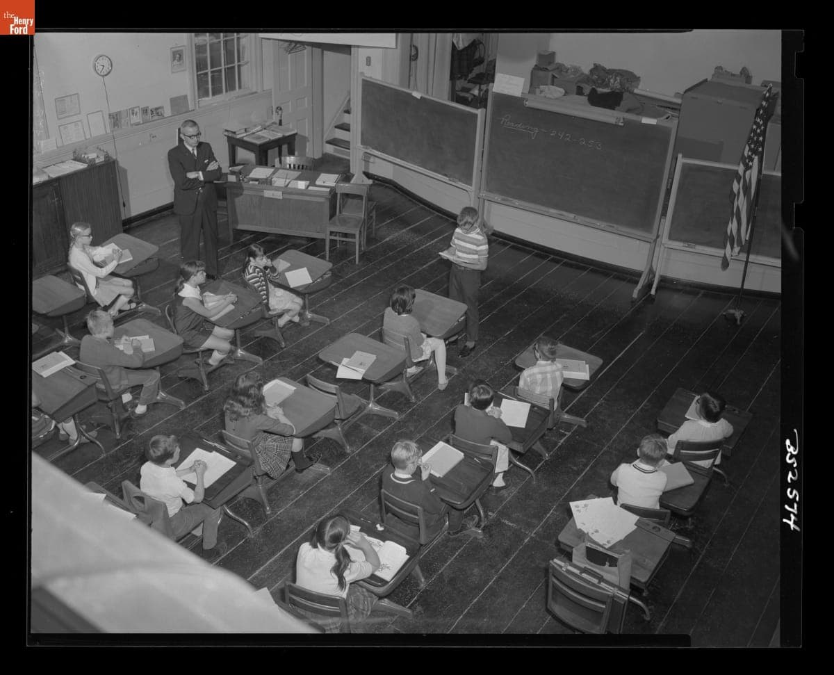 Greenfield Village Schools Fourth Grade Student Kent Malotka Reciting in Class inside Town Hall, June 1969