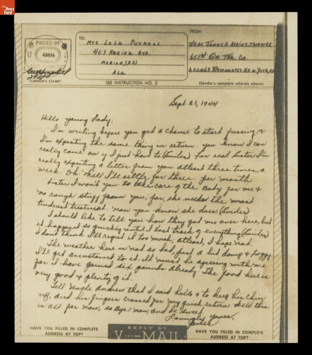 V-Mail Letter from James Atkins to Lela Purnell, September 27, 1944
