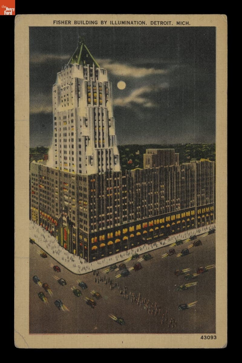 "Fisher Building by Illumination, Detroit, Michigan," Sent to Andrew Purnell, Postmarked March 20, 1945