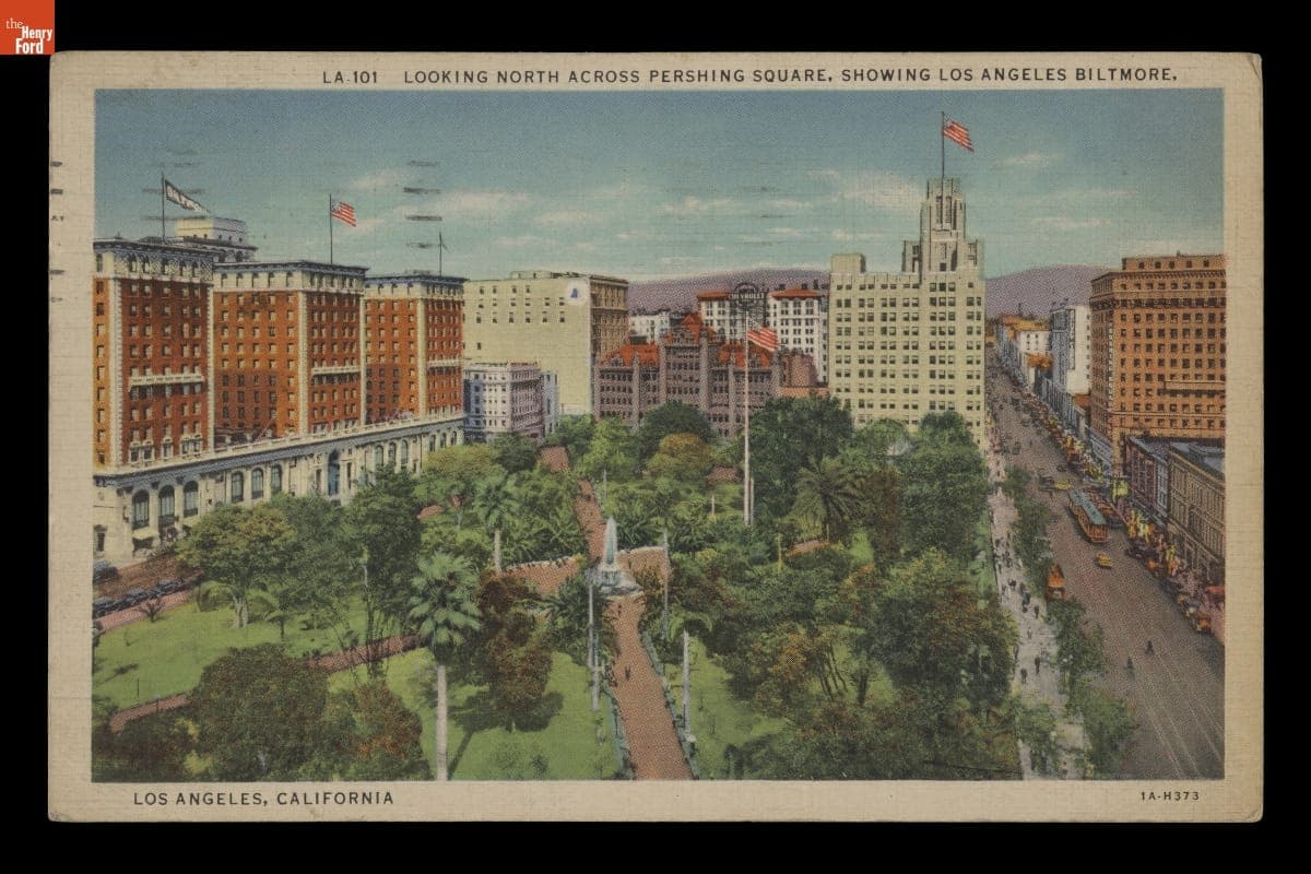 "Looking North across Pershing Square, Showing Los Angeles Biltmore," Sent to Andrew Purnell, Postmarked June 7, 1935