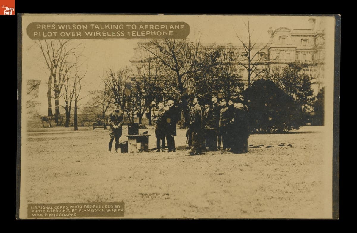 "Pres. Wilson Talking to Aeroplane Pilot over Wireless Telephone," 1919