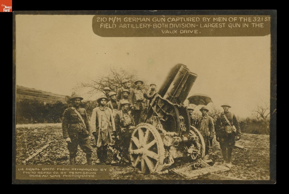 "210 M/M German Gun Captured by Men of the 321st Field Artillery-8th Division-Largest Gun in the Vaux Drive," 1918