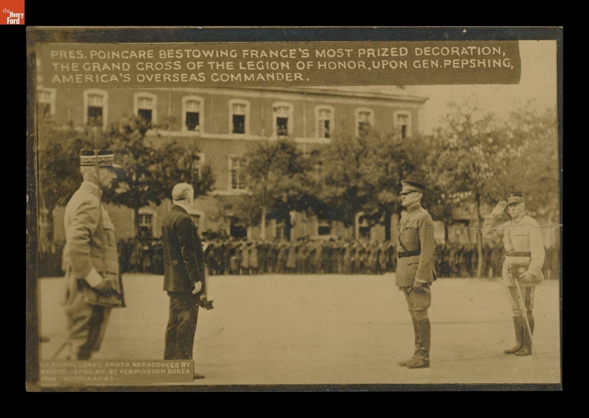 "Pres. Poincare Bestowing France's Most Prized Decoration the Grand Cross of the Legion of Honor...," 1918