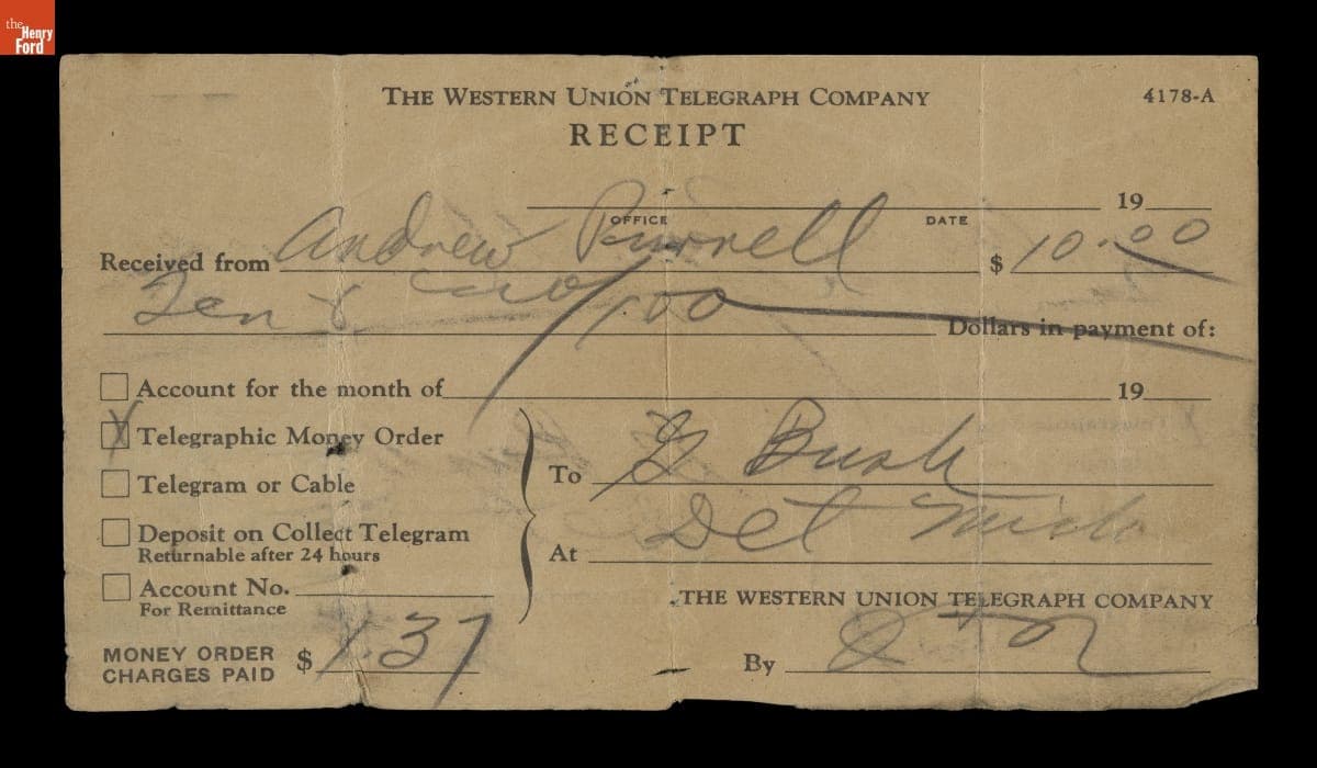 The Western Union Telegraph Company Receipt for Money Order from Andrew Purnell to G. Bush