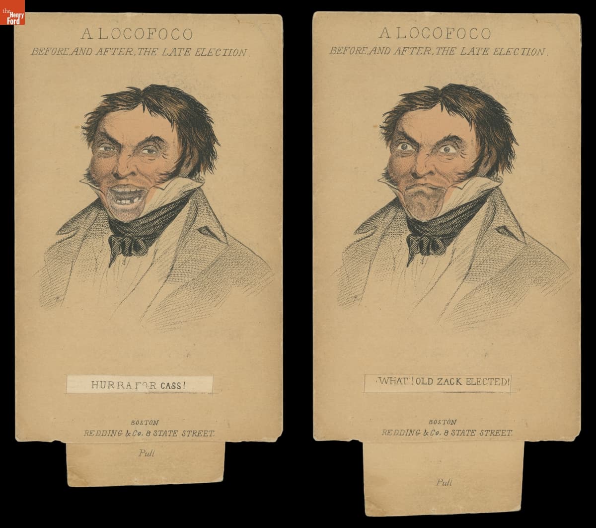 Metamorphic Campaign Card, "A Locofoco Before and After the Late Election: Hurra for Cass! / What Old Zack Elected," 1848