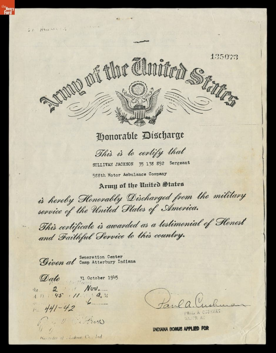 United States Army Discharge Papers for Sullivan Jackson, October 31, 1945
