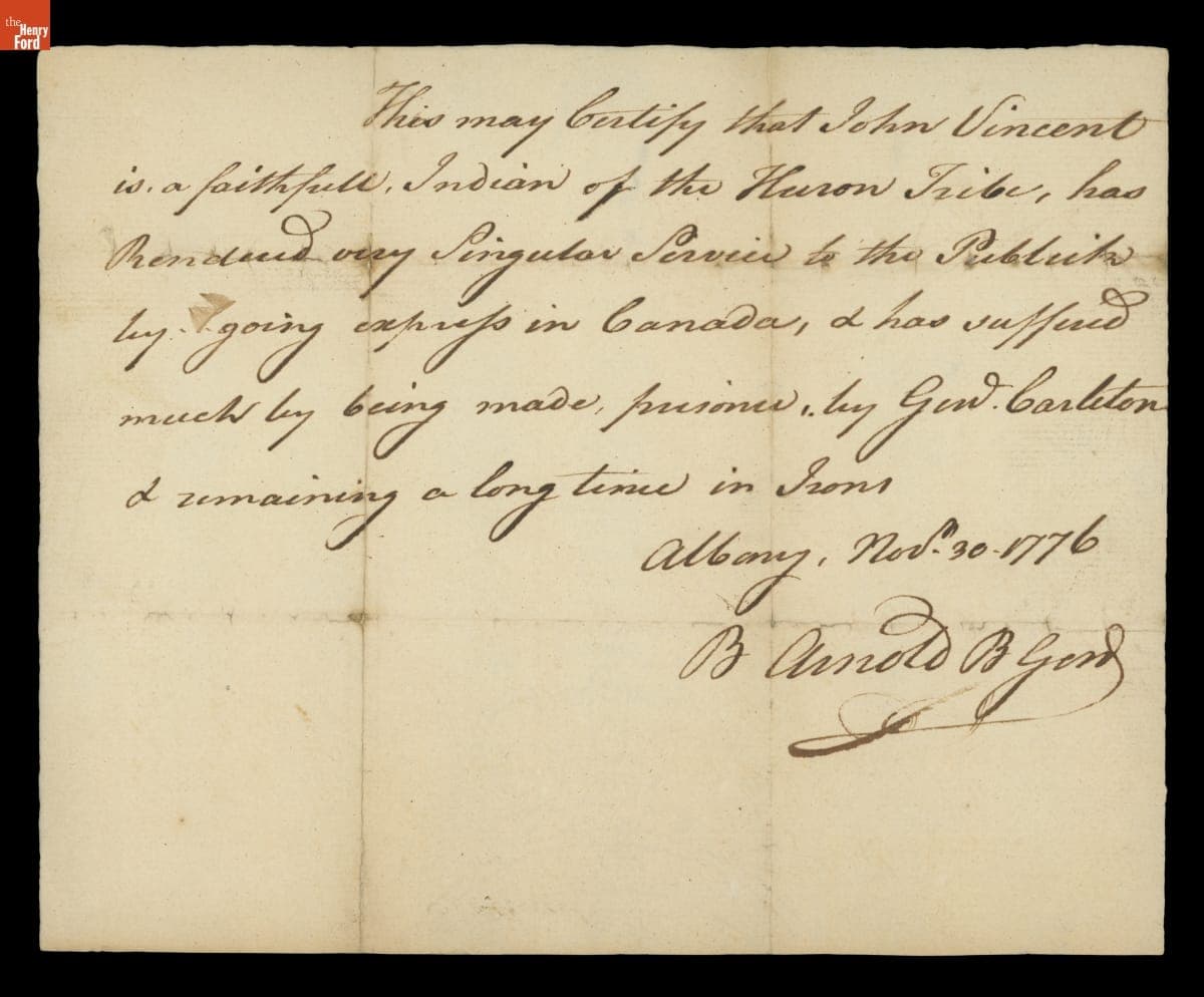 Letter from Benedict Arnold Regarding John Vincent, an Indigenous Friend to the American Military, November 30, 1776
