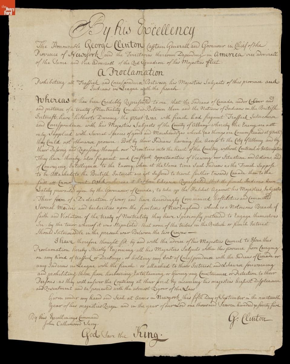 Proclamation by New York Governor George Clinton Prohibting all "Traffick and Correspondence" between Citizens of New York and "Indians Allied with the French," September 5, 1745