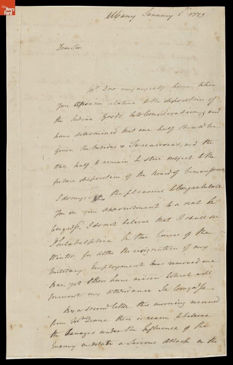 Letter from Major General Philip John Schuyler to Timothy Edwards, January 5, 1779